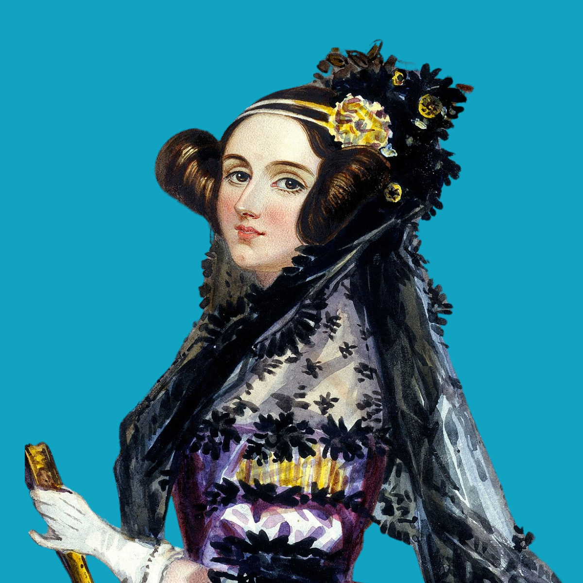 A painting of Ada Lovelace on a bright blue background.